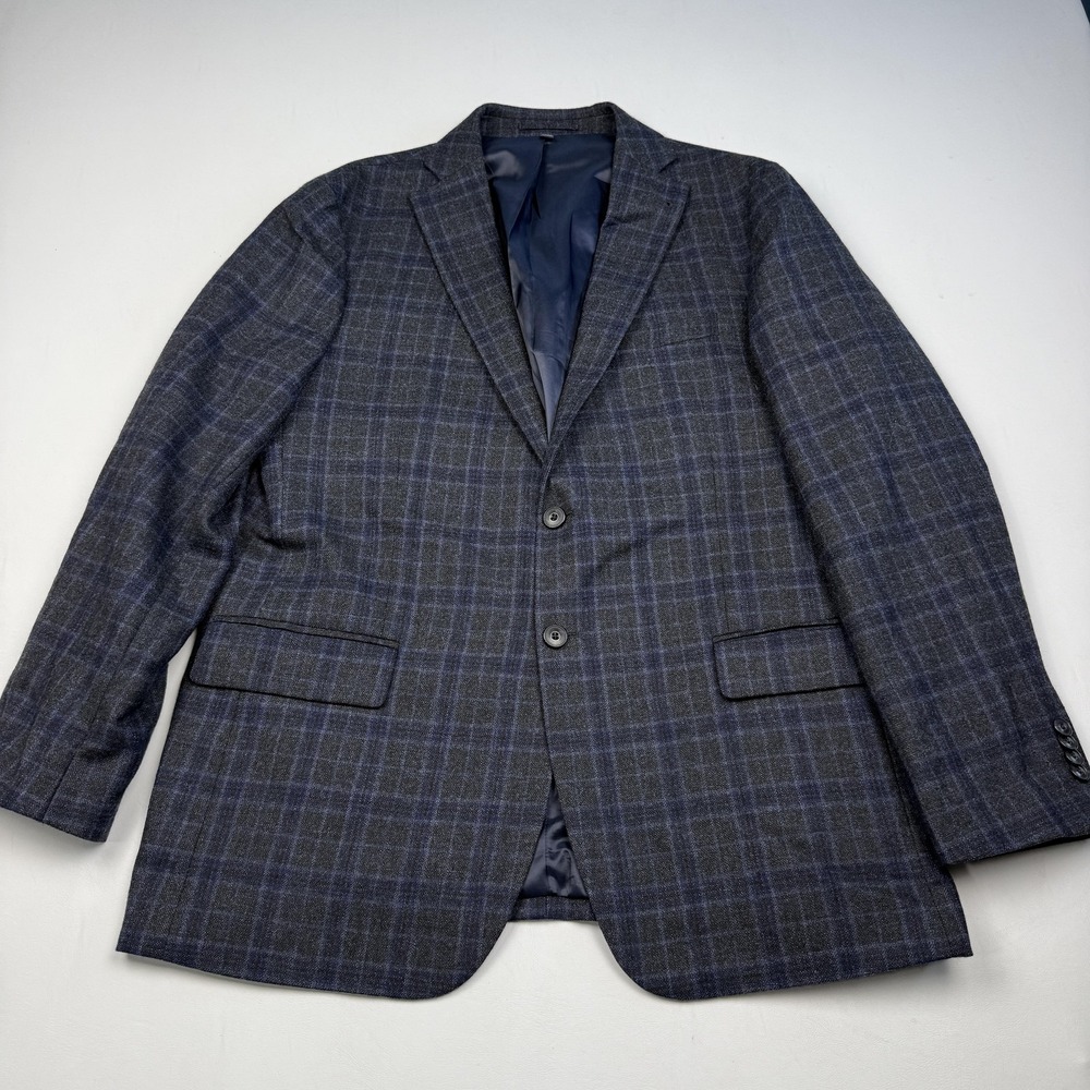 Jos A Bank Sport Coat Mens 44 Gray Blue Plaid Wool Tailored Fit Two Button - Picture 2 of 11
